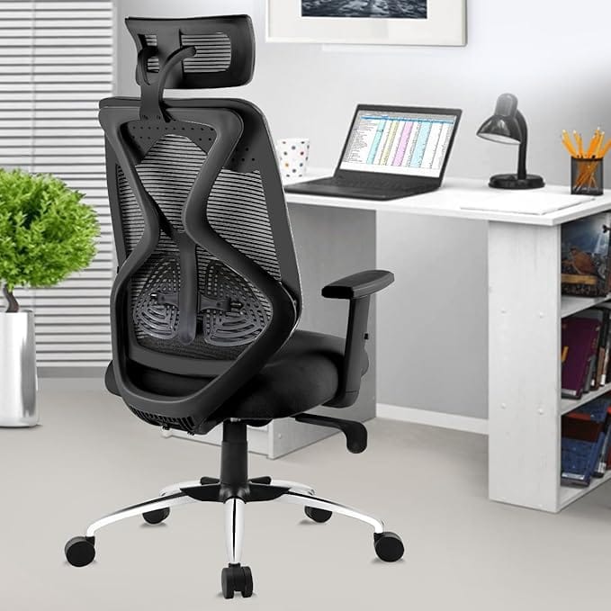 Aura Ergonomic Pro | High-Grade Korean Mesh | Office Chair With Dynamic Recline | Spine-Support Design | 3D Adjustable Headrest & Arms | Multi-Tilt Tension Mechanism | 3 Years Warranty (Black & Chrome)