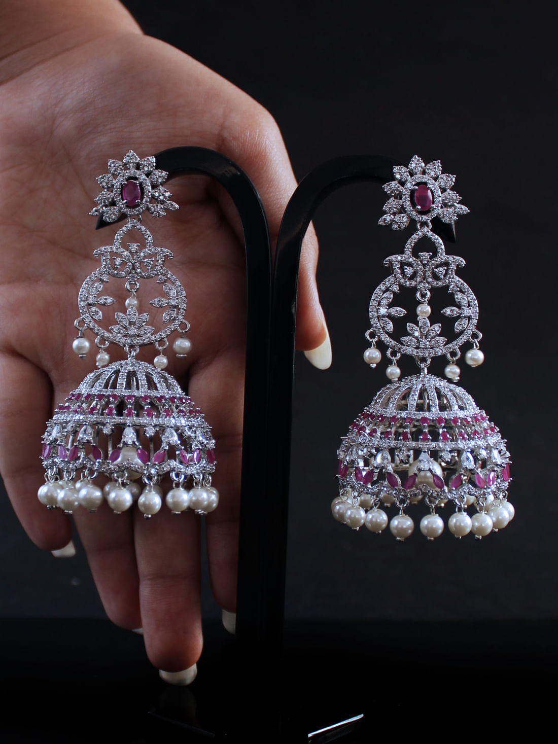 Pink Color American Diamond Jhumka Earring
