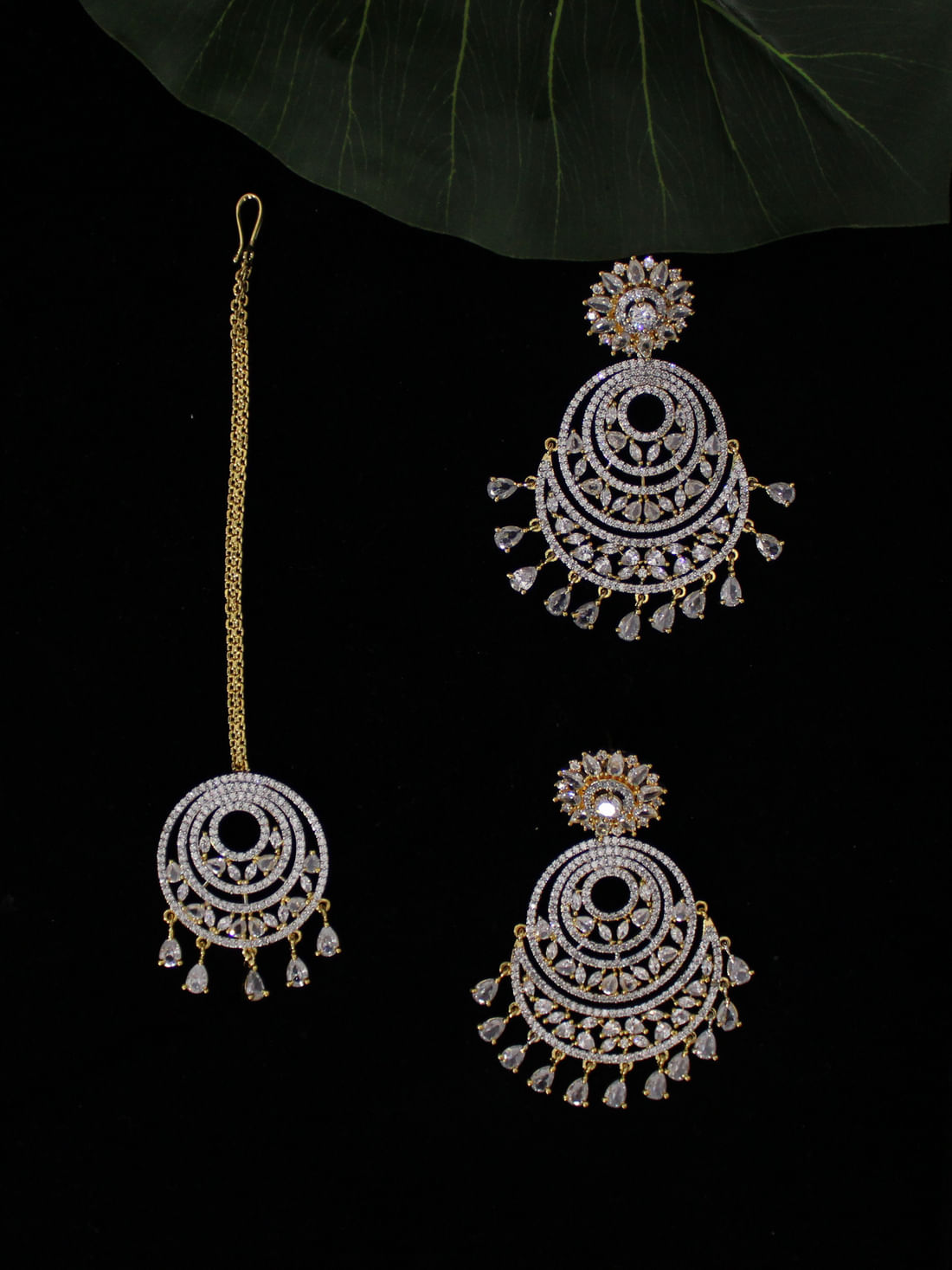 Golden Color American Diamond Earrings With Maang Tikka