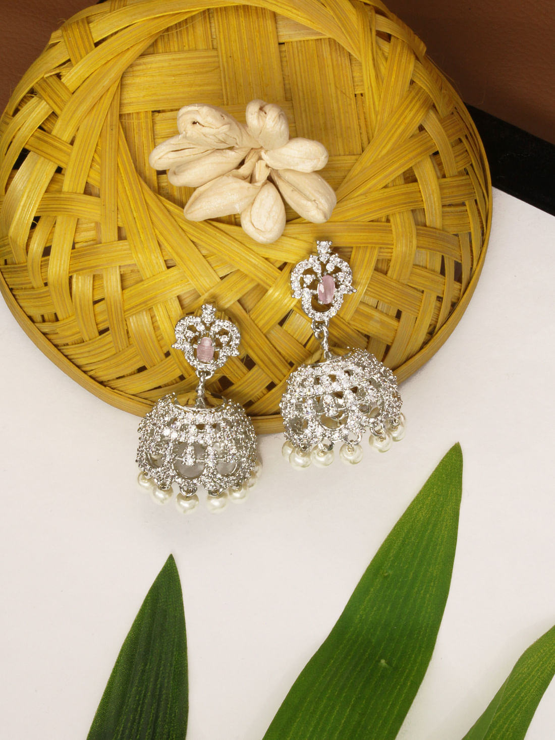 Silver Color American Diamond Jhumka Earring