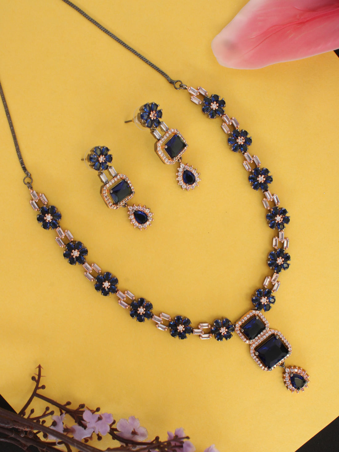 Blue  Color American Diamond Necklace Set