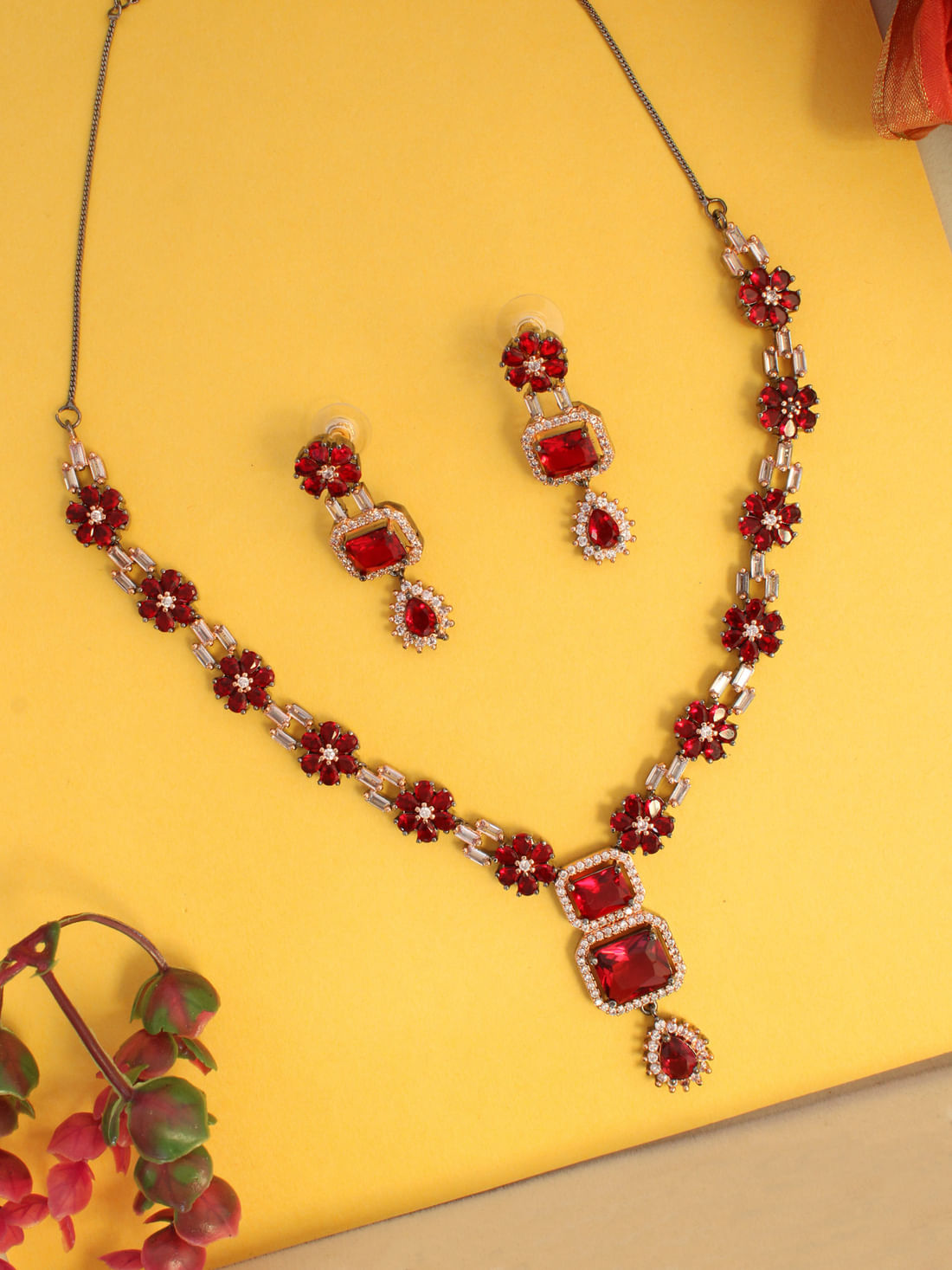 Red Color American Diamond Necklace Set