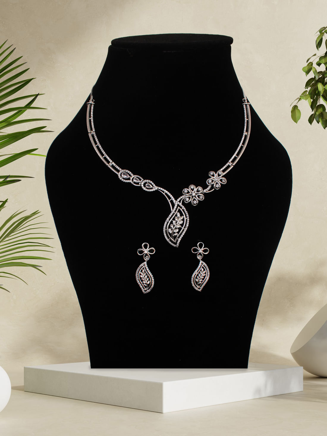 Silver Color American Diamond Necklace Set