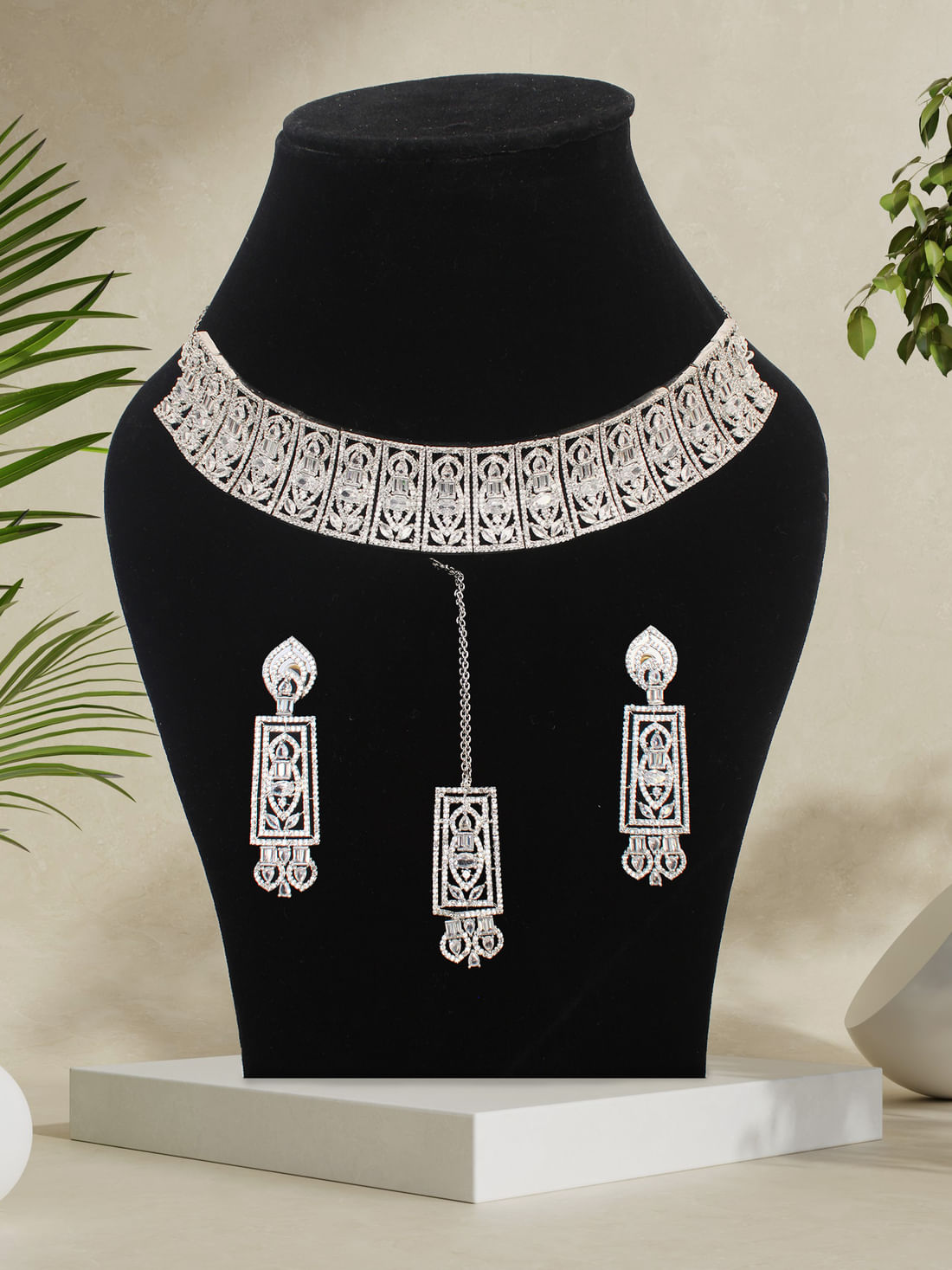 Silver Color American Diamond Choker Brass Necklaces Set