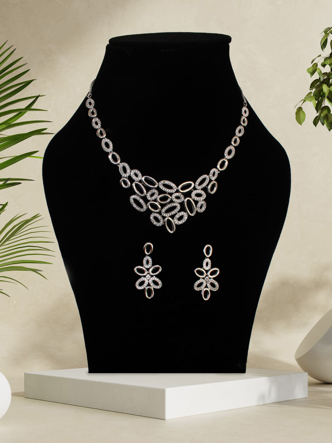 Silver Color American Diamond Necklace Set