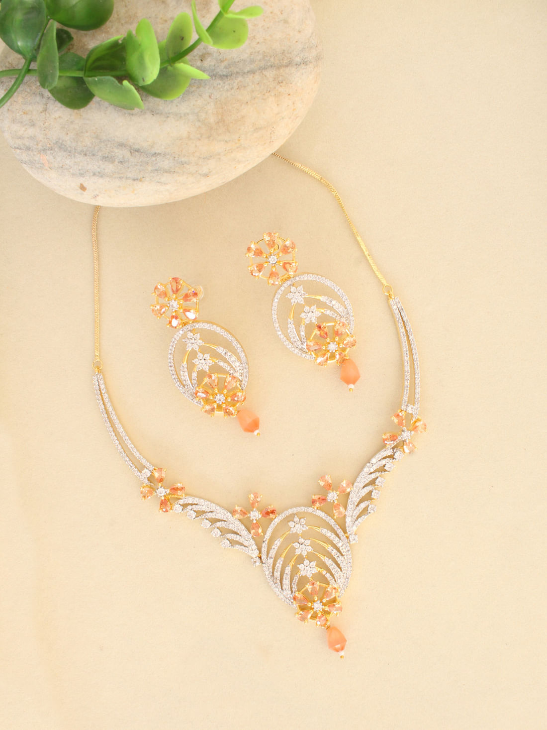 Peach Color American Diamond Necklace Set