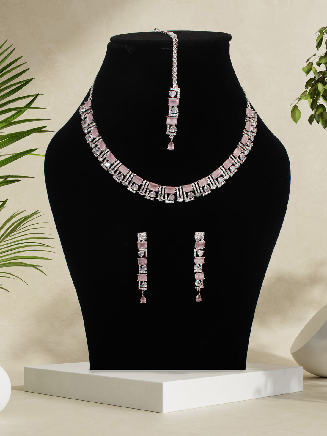 Pink Color American Diamond Necklace Set