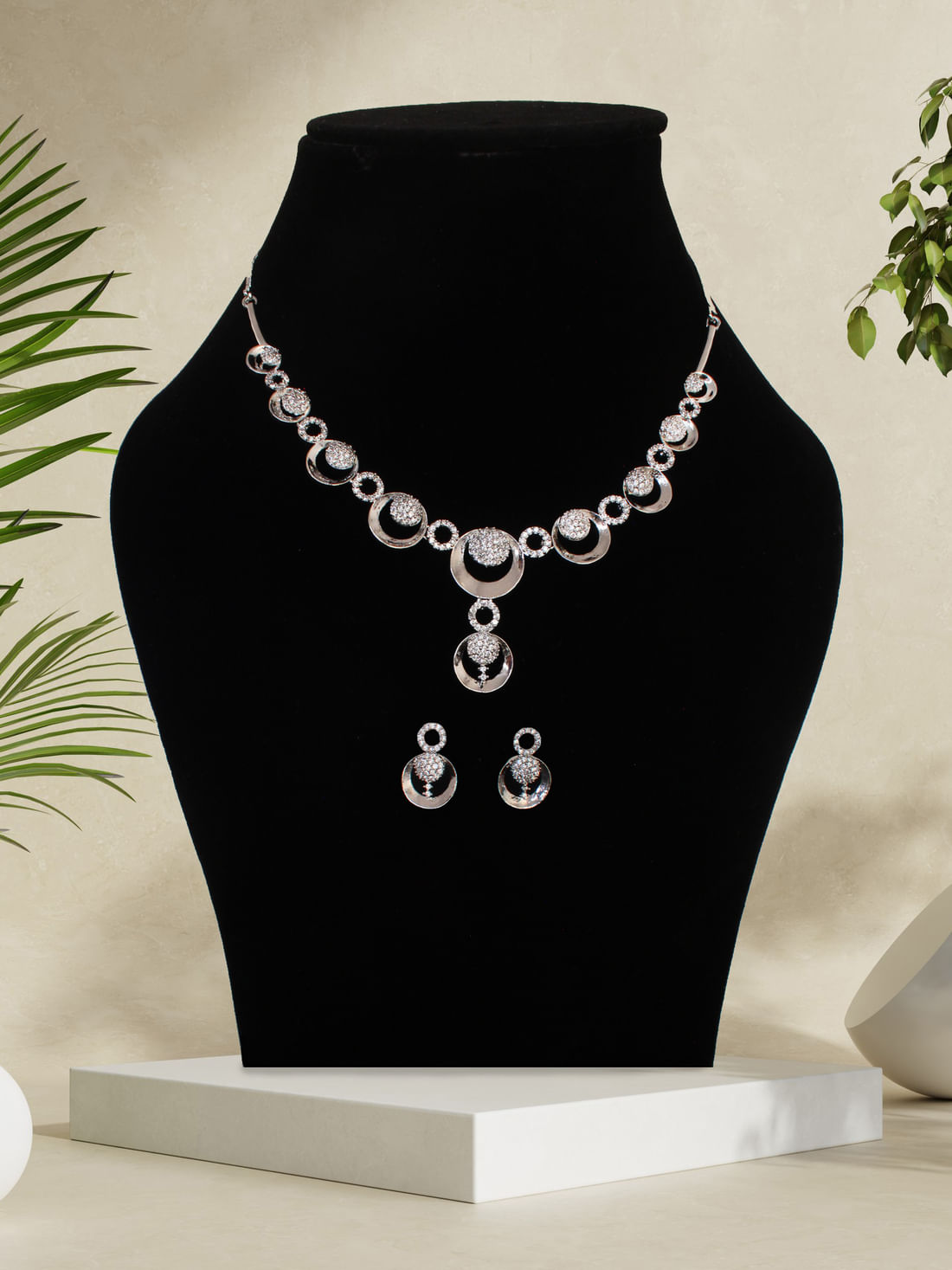Silver Color American Diamond Necklace Set