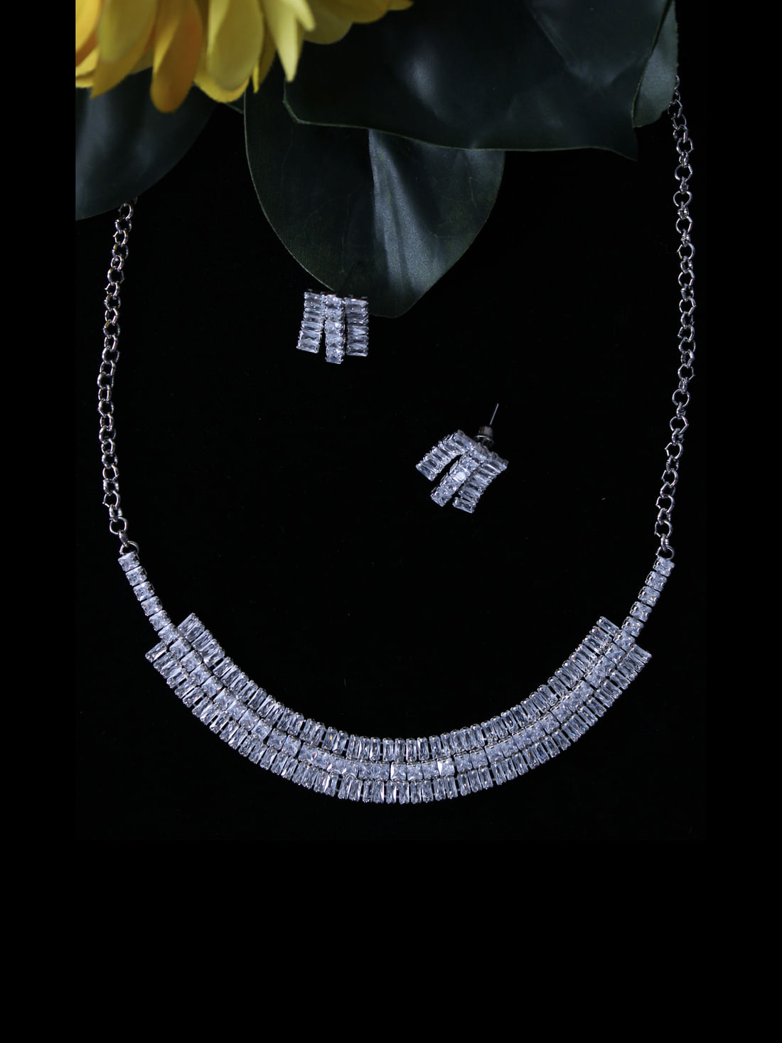 Silver  Color American Diamond Necklace Set
