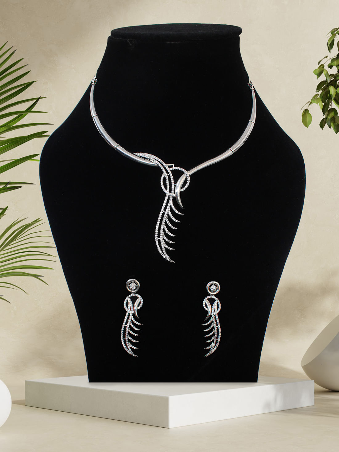 Silver Color American Diamond Necklace Set