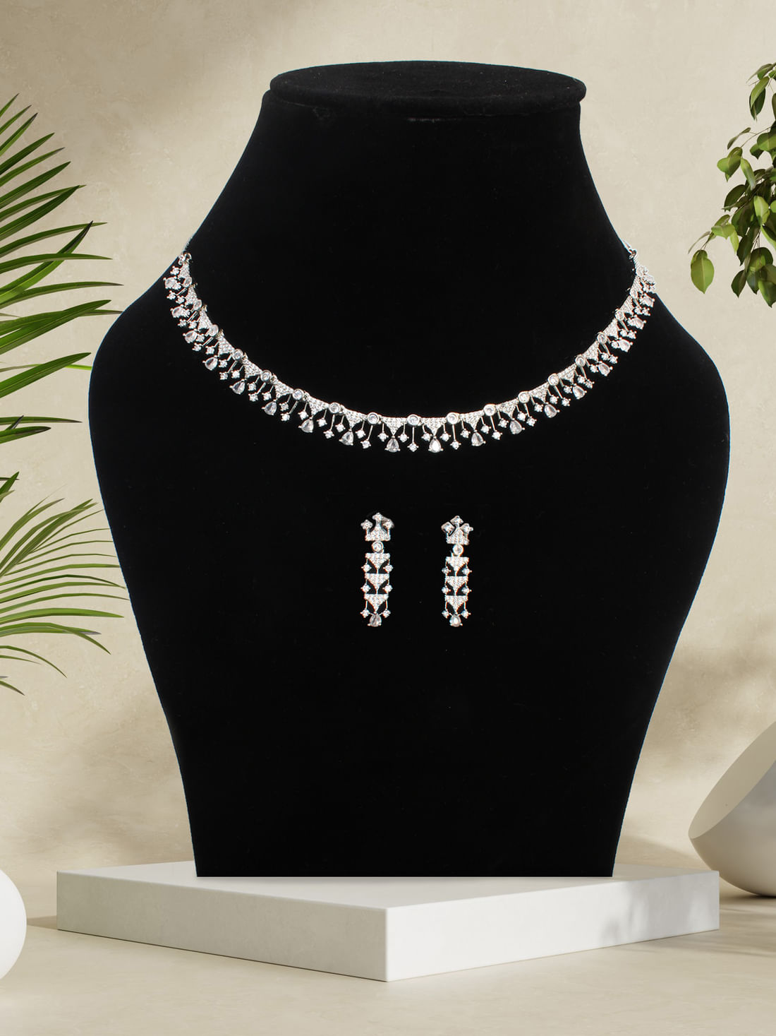 Silver Color American Diamond Necklace Set