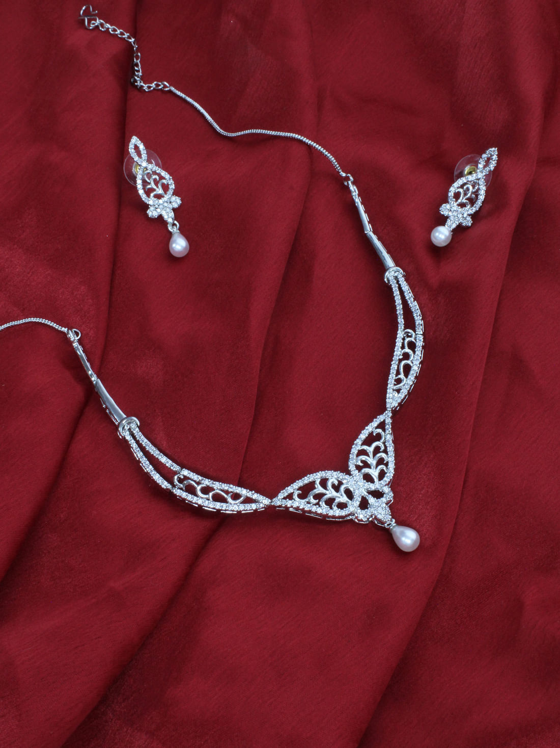 Silver Color American Diamond Necklace Set