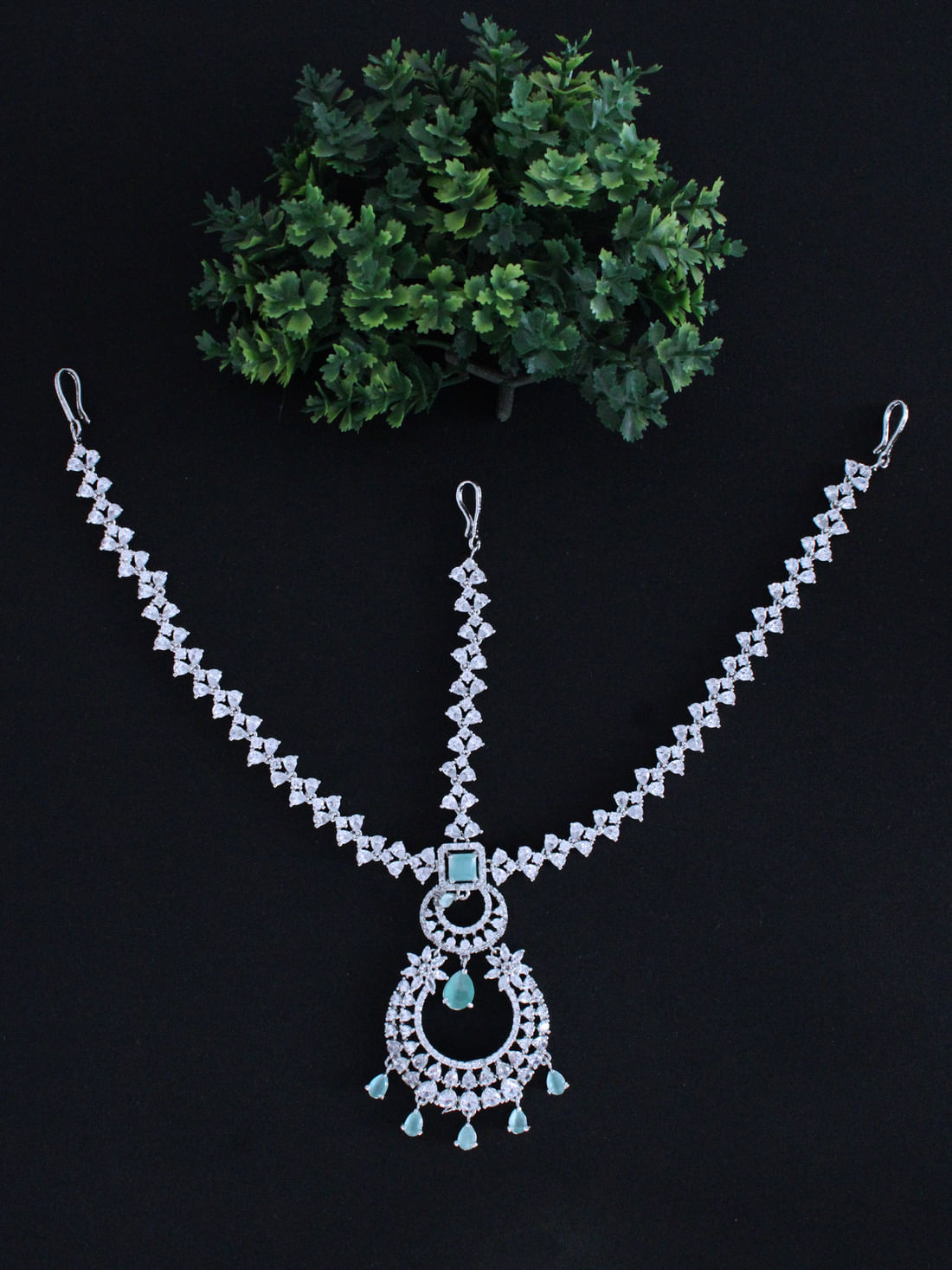 Mint Green Color American Diamond Maang Tikka