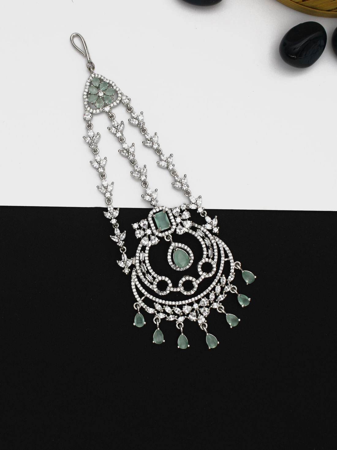 Mint Green Color American Diamond Maang Tikka