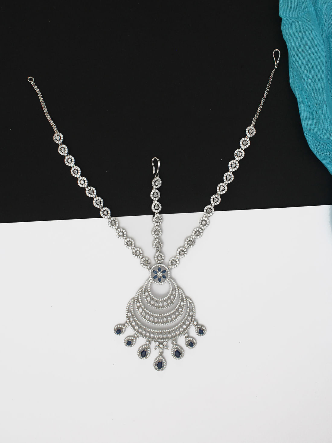 Blue Color American Diamond Maang Tikka