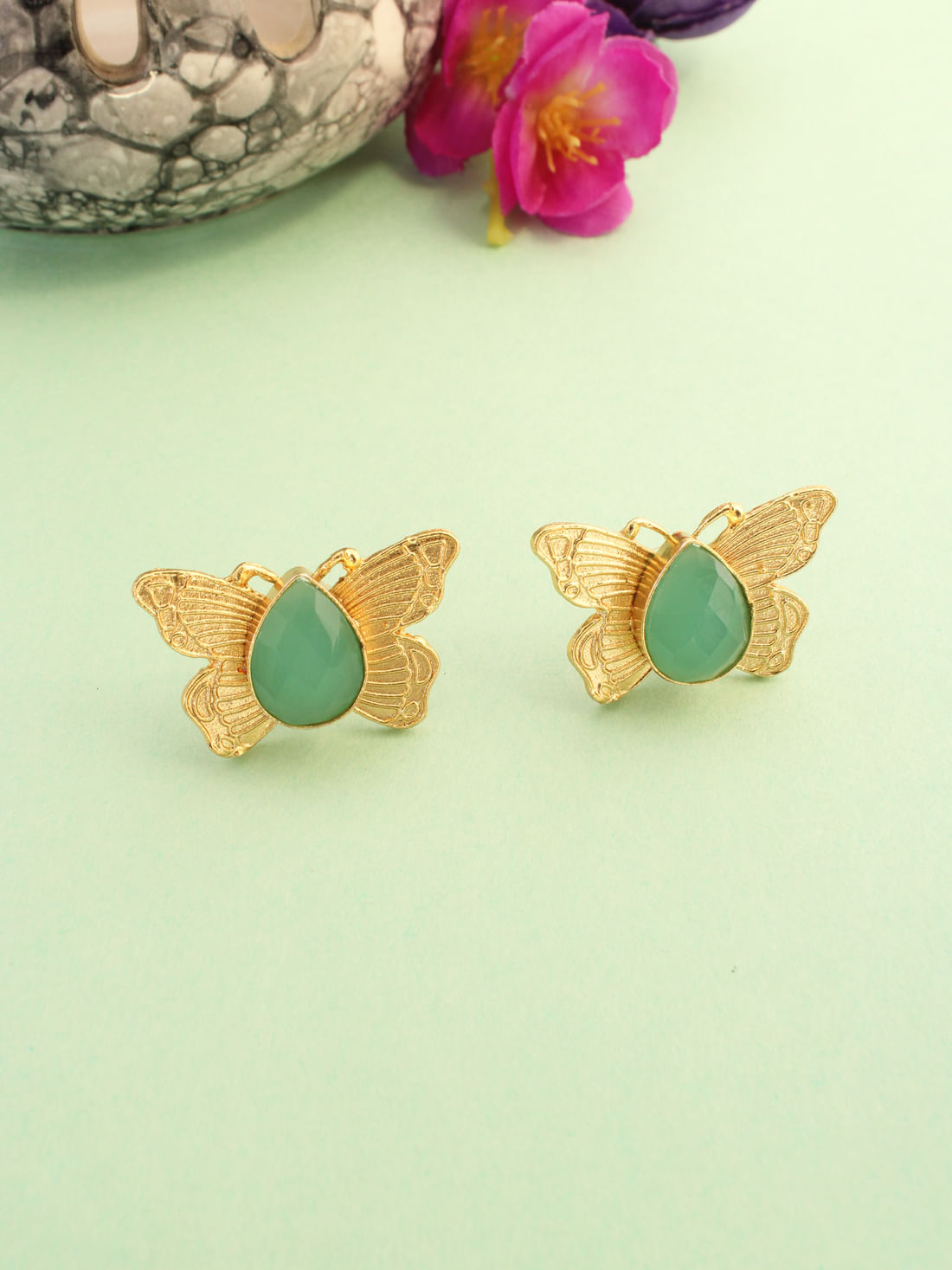 Light Green Color Butterfly Brass Earrings