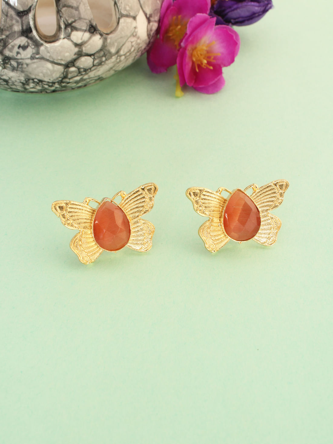 Orange Color Butterfly Brass Earrings