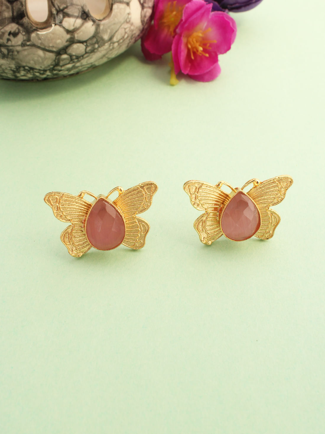 Pink Color Butterfly Brass Earrings