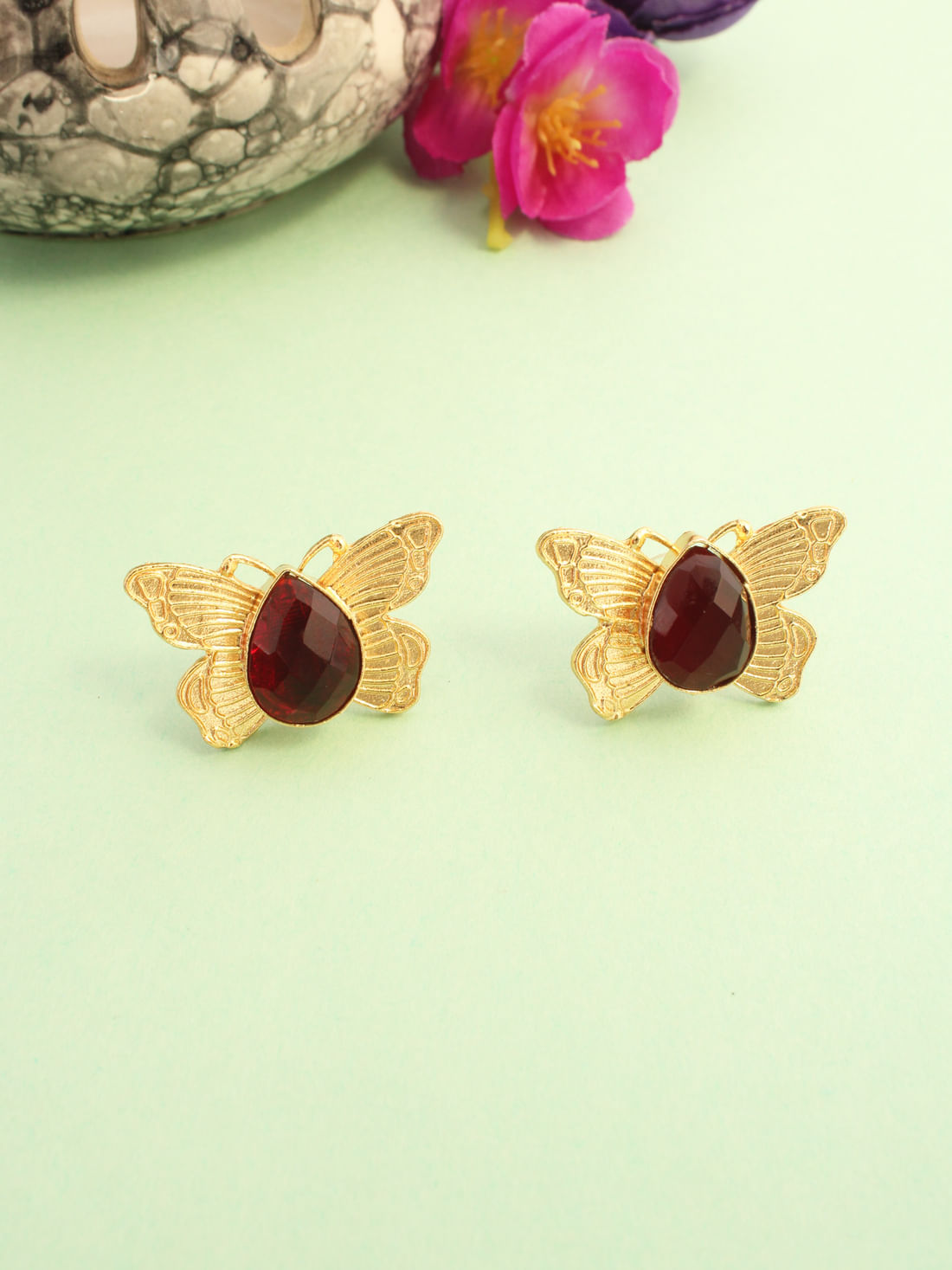 Red Color Butterfly Brass Earrings