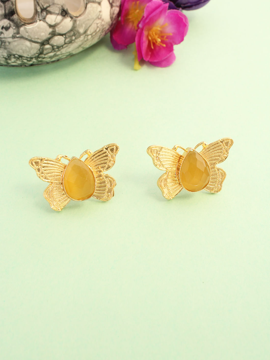 Yellow Color Butterfly Brass Earrings