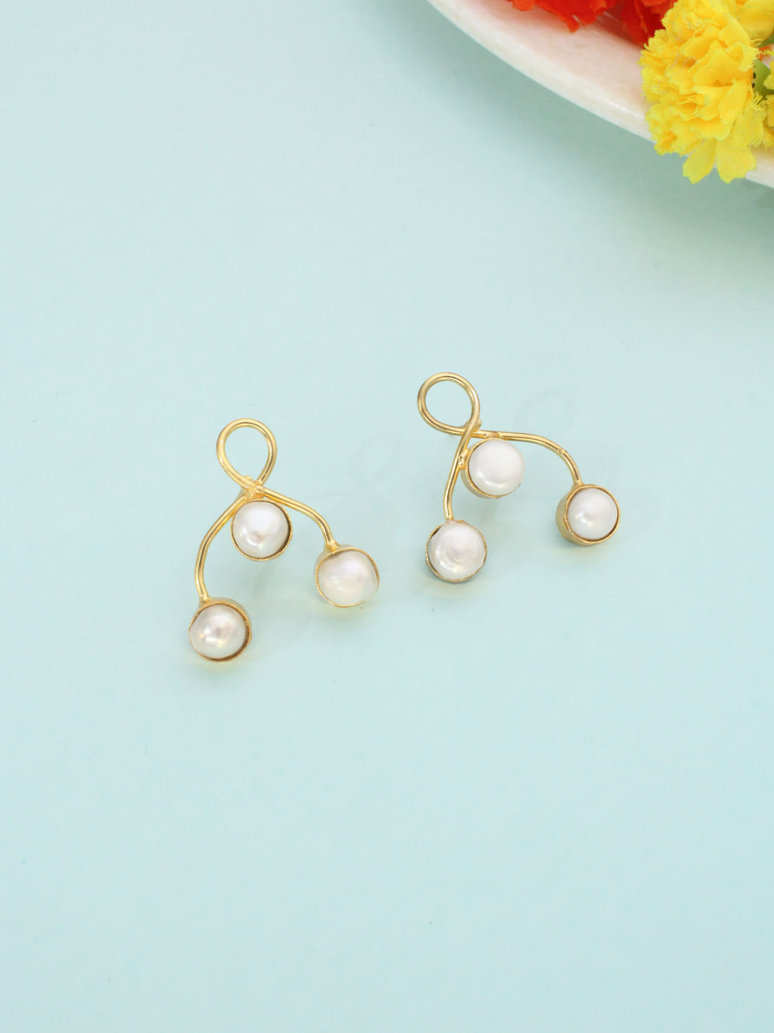 White Pearl Brass Earrings