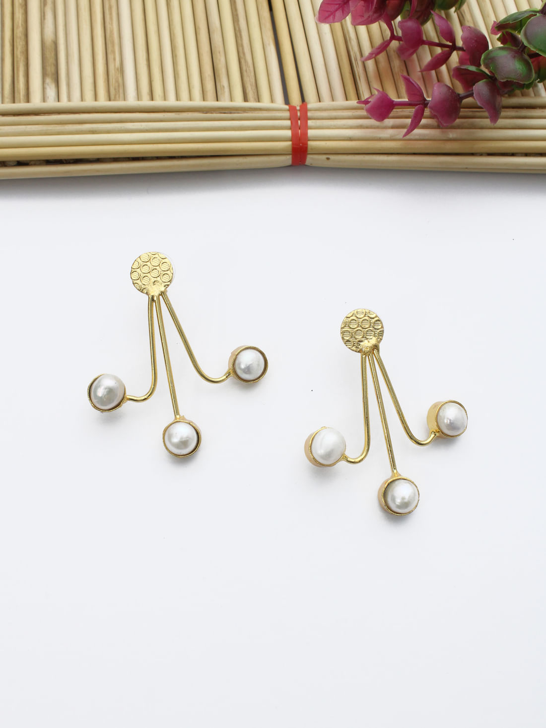 White Pearl Brass Earrings