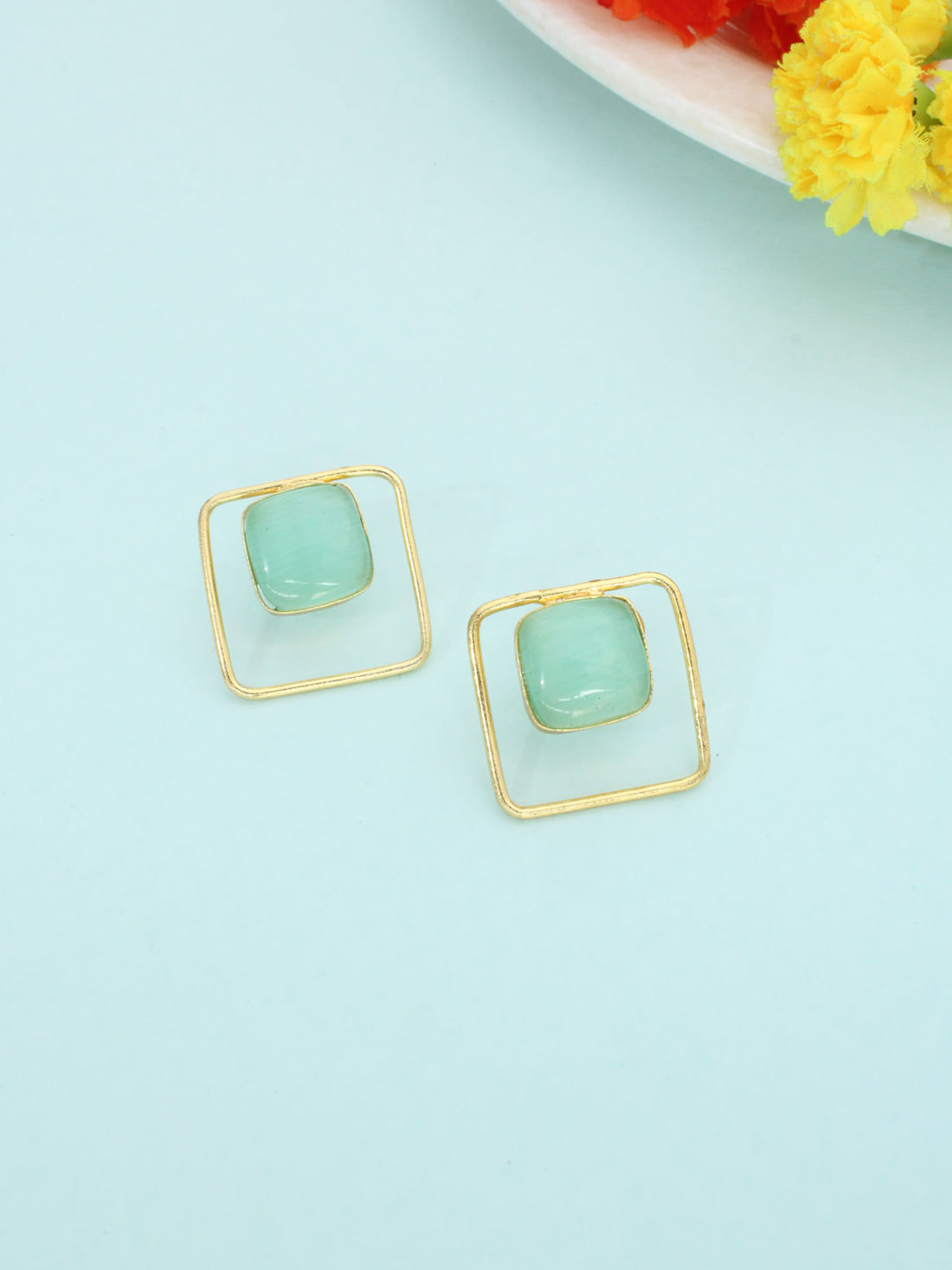 Sea Green Color Brass Earrings