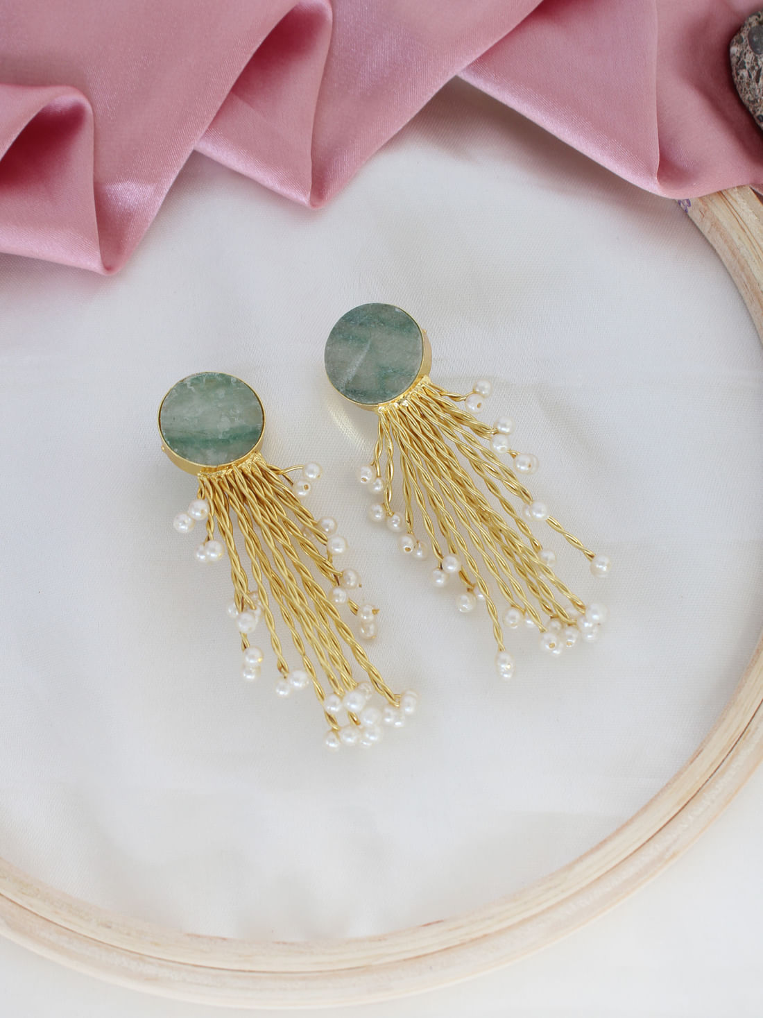 Green Color Stone Pearl Earrings