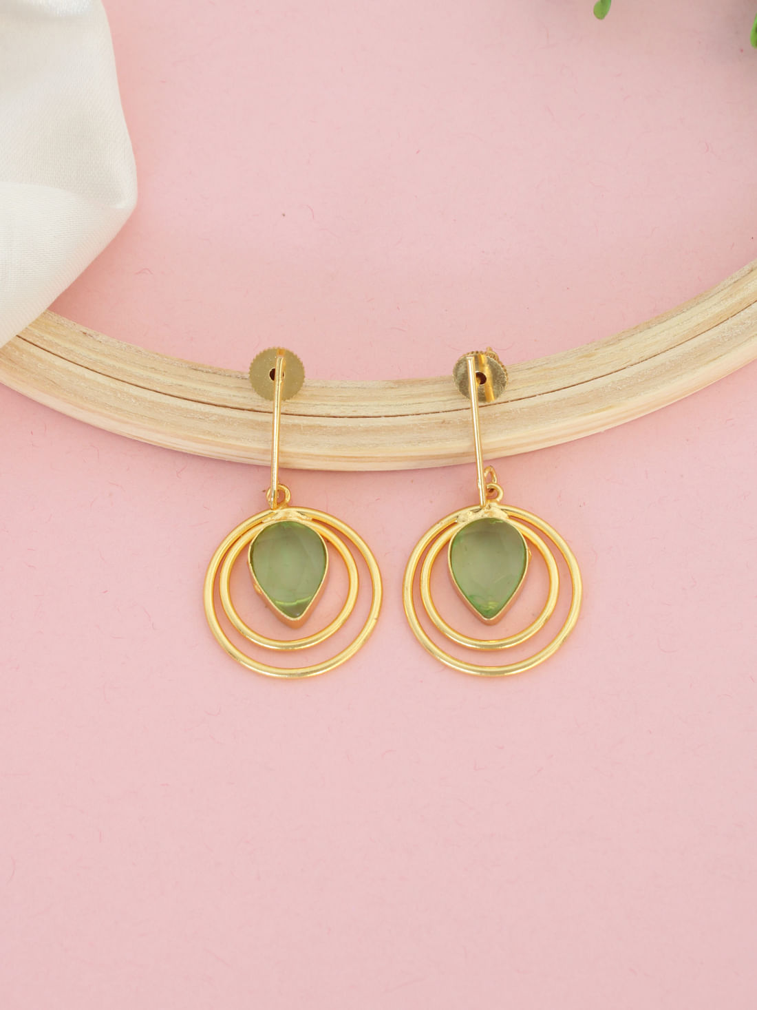 Light Green Color Stone Glossy Round Earrings