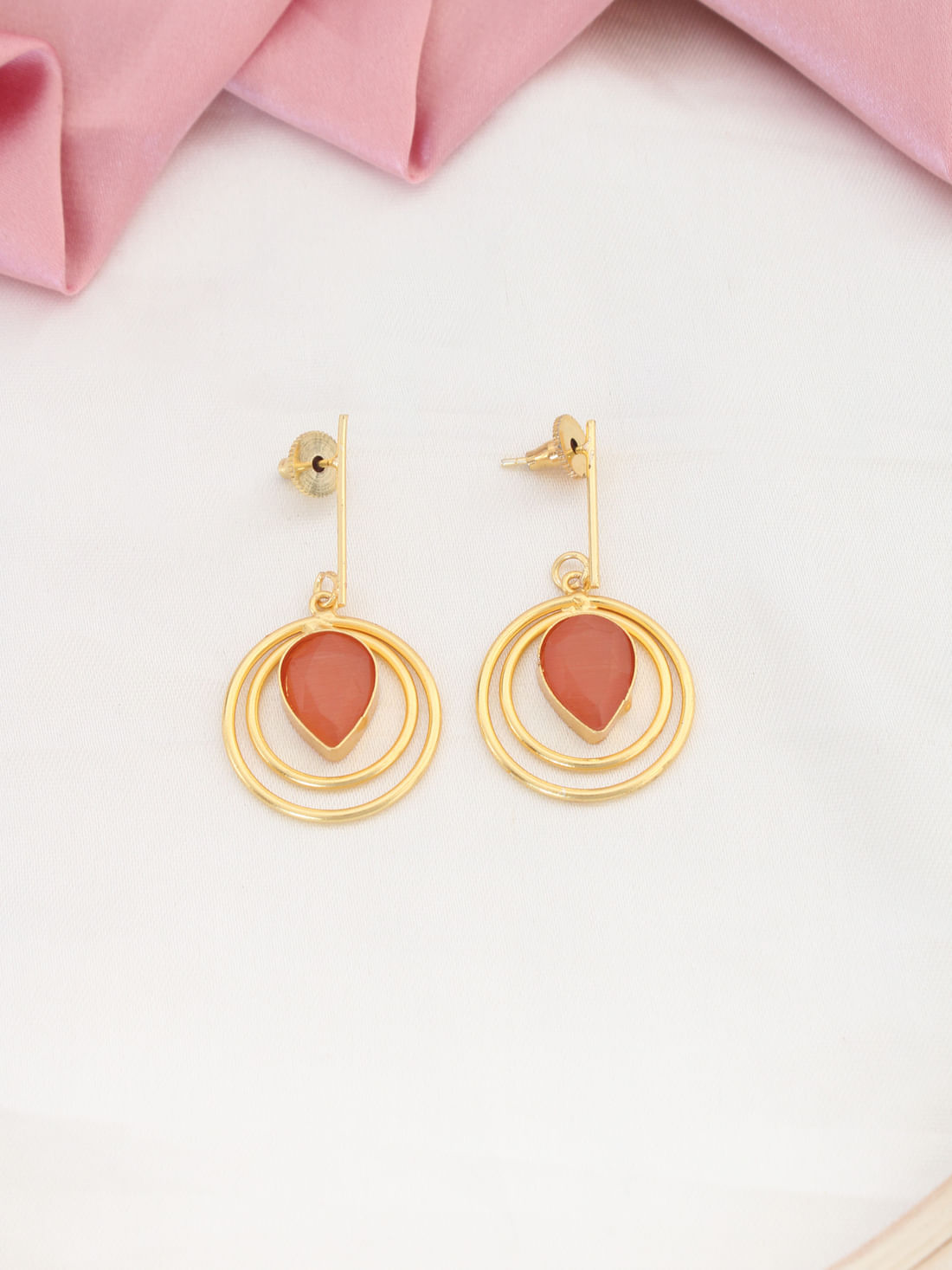 Orange Color Stone Glossy Round Earrings