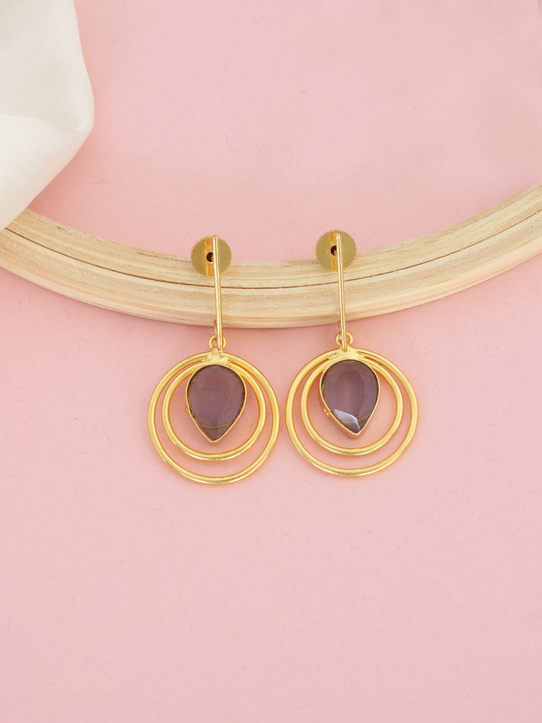 Purple Color Stone Glossy Round Earrings