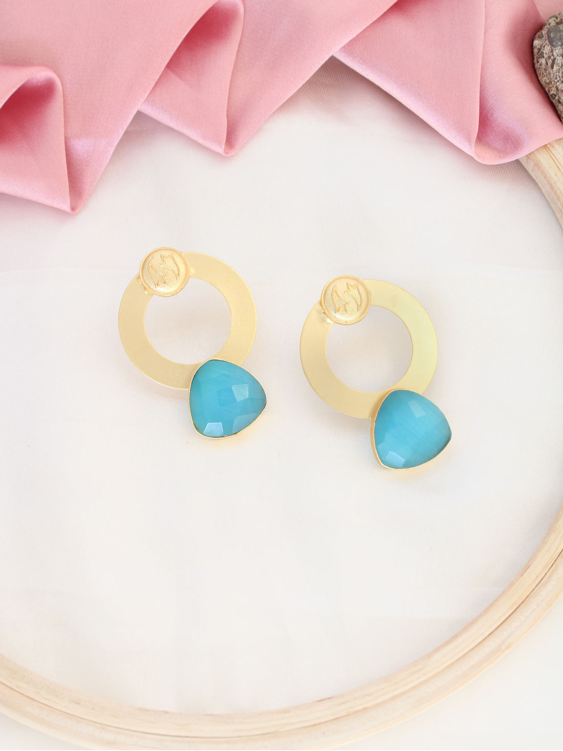 Blue Color Stone Triangle Earrings