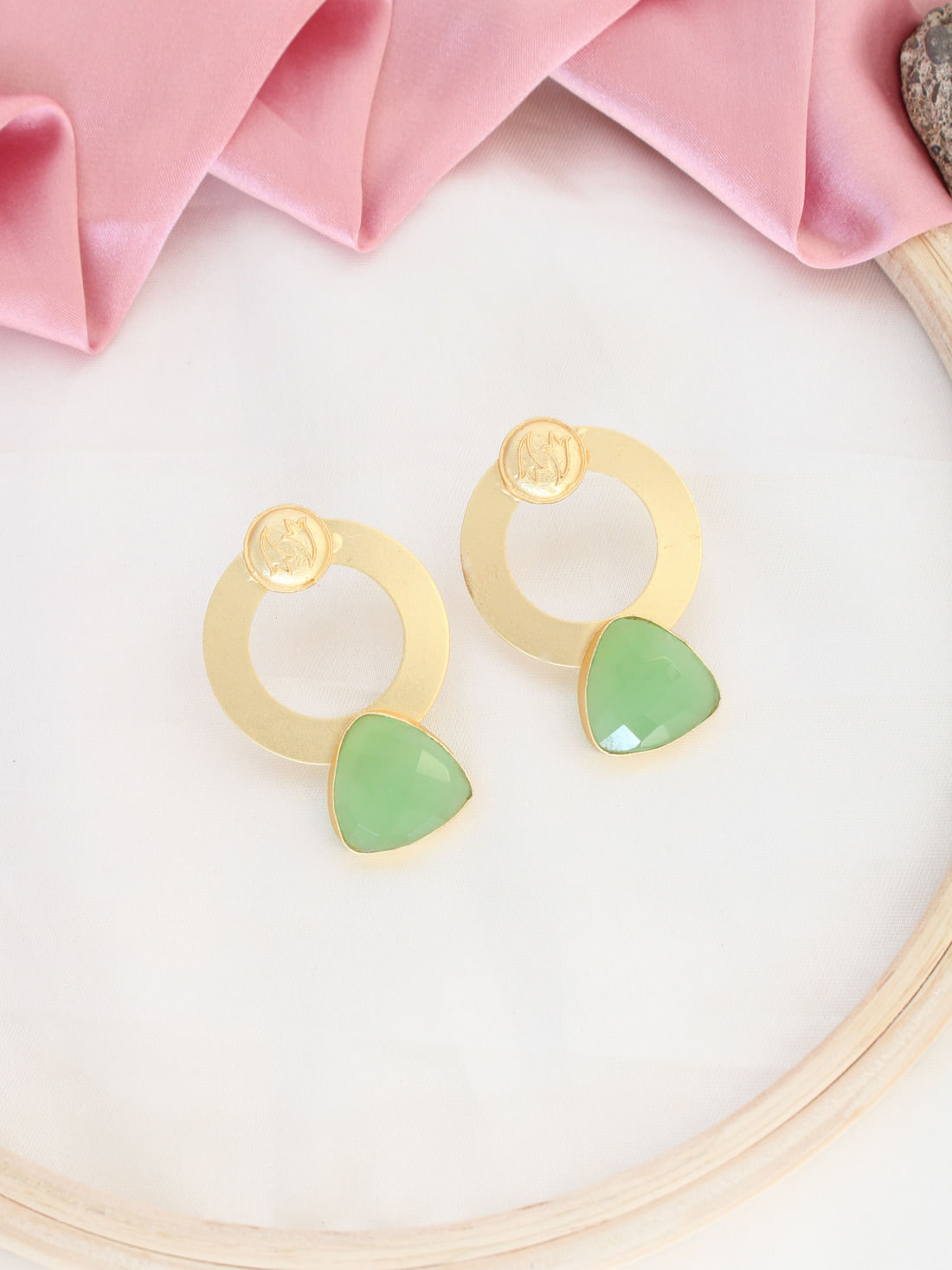 Green Color Stone Triangle Earrings