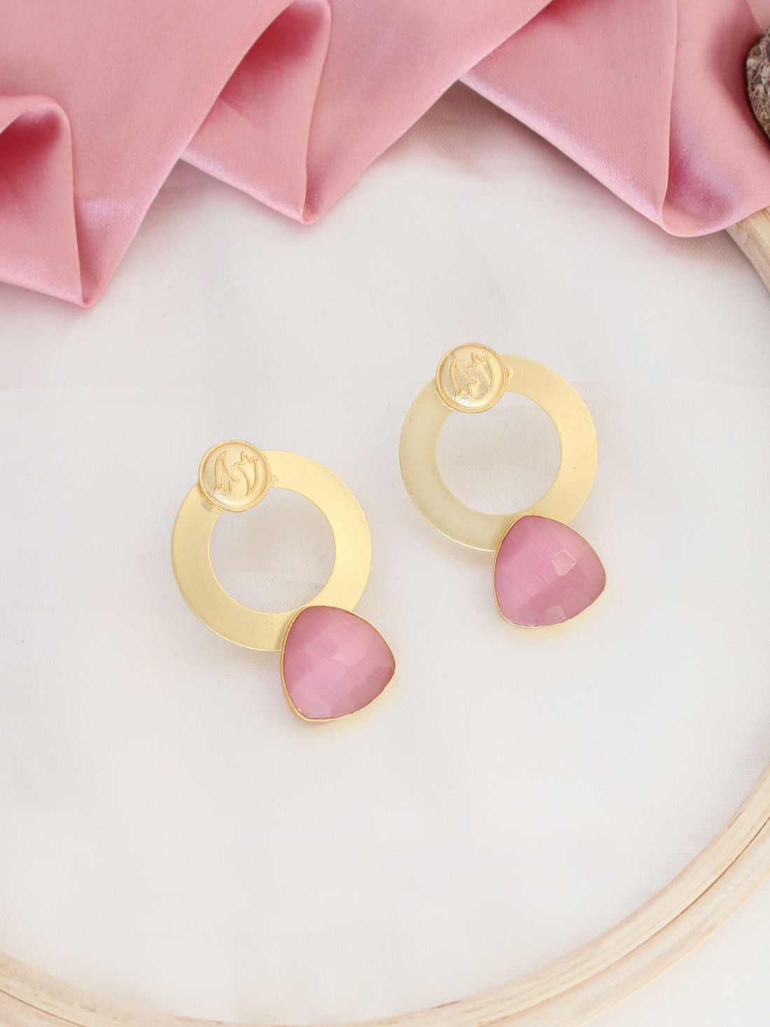 Pink Color Stone Triangle Earrings