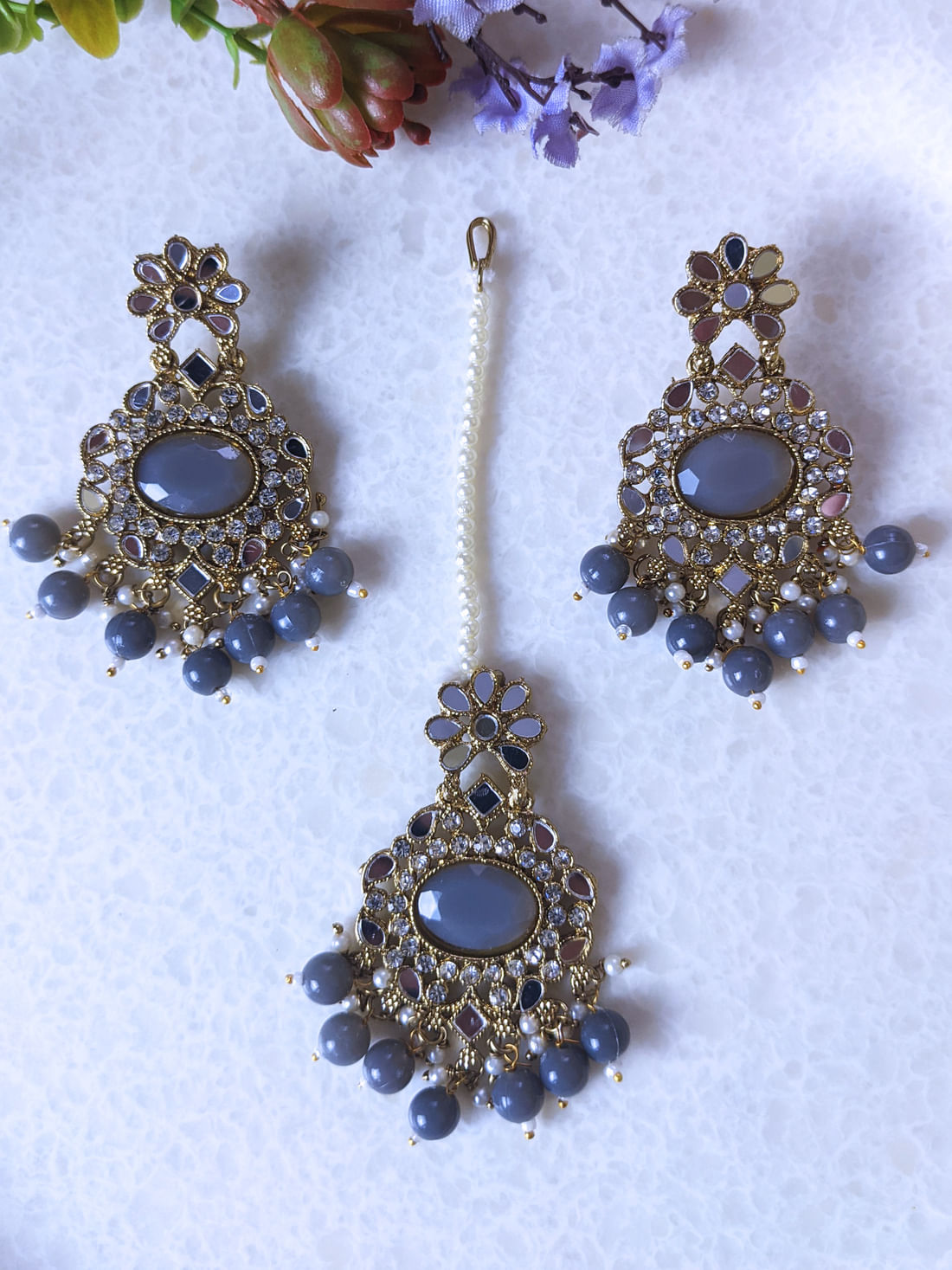 Grey Color Mirror Work Earrings With Maang Tikka