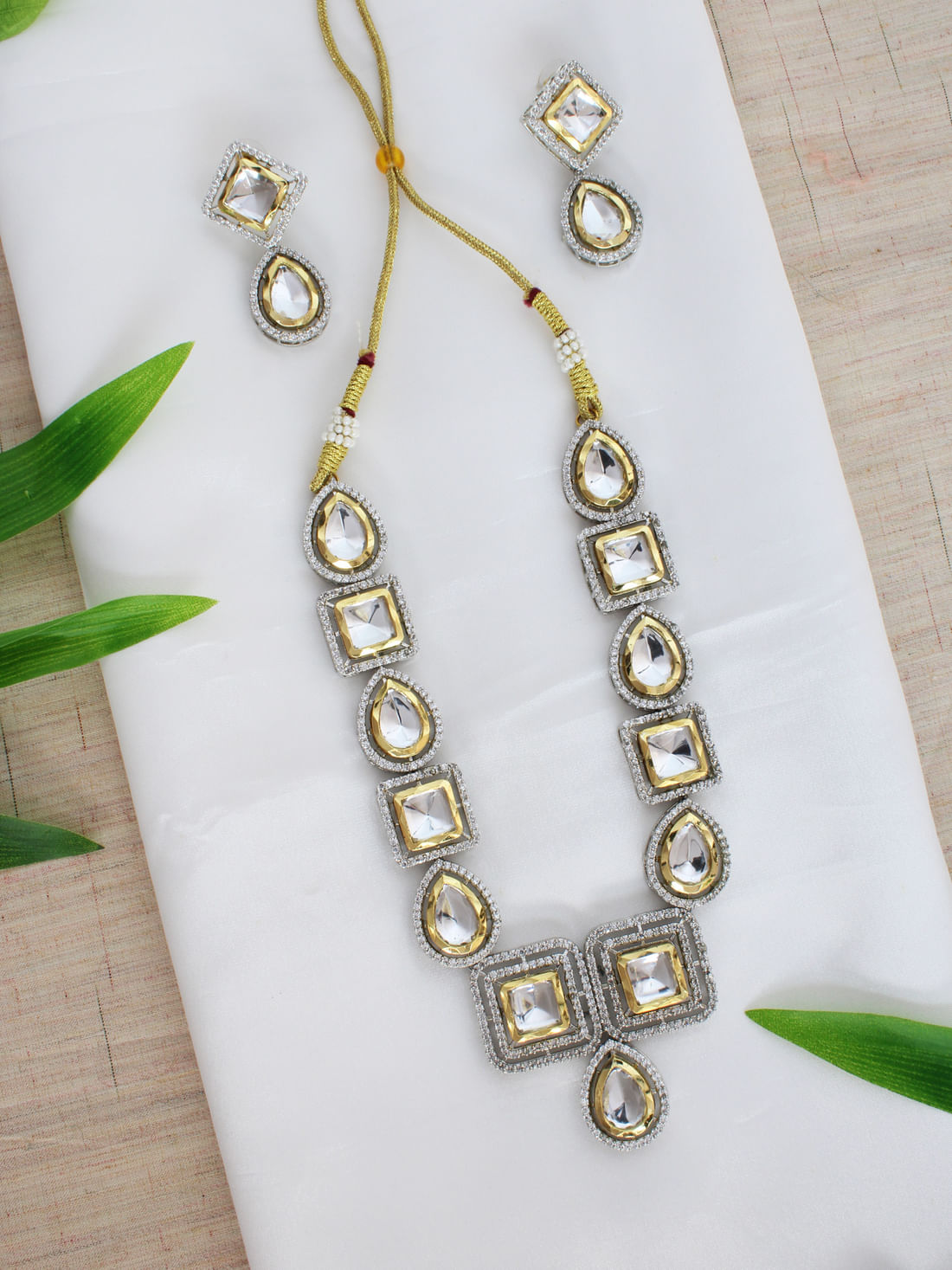 Silver Color Kundan Brass Necklace Set