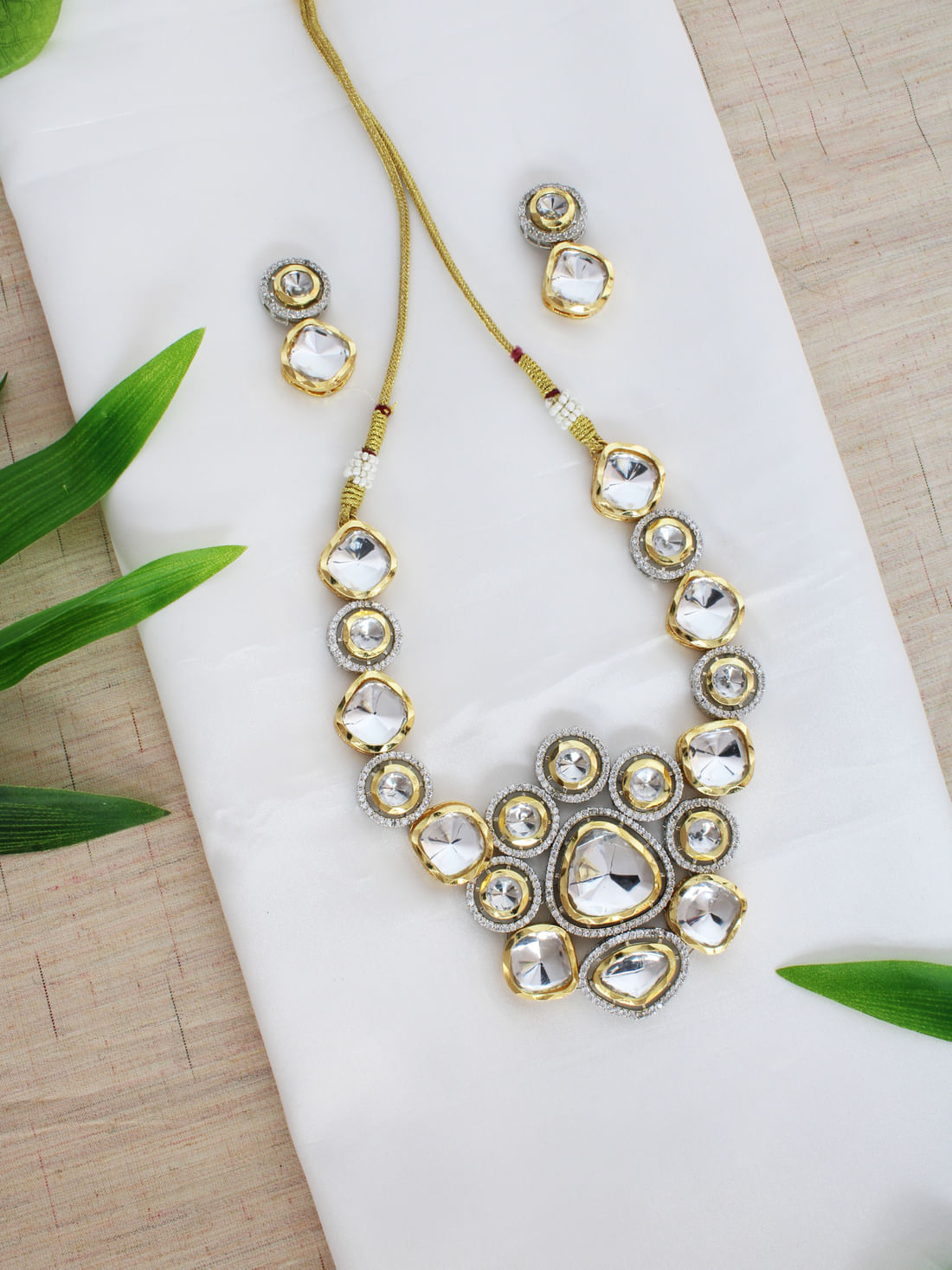 Silver Color Kundan Brass Necklace Set