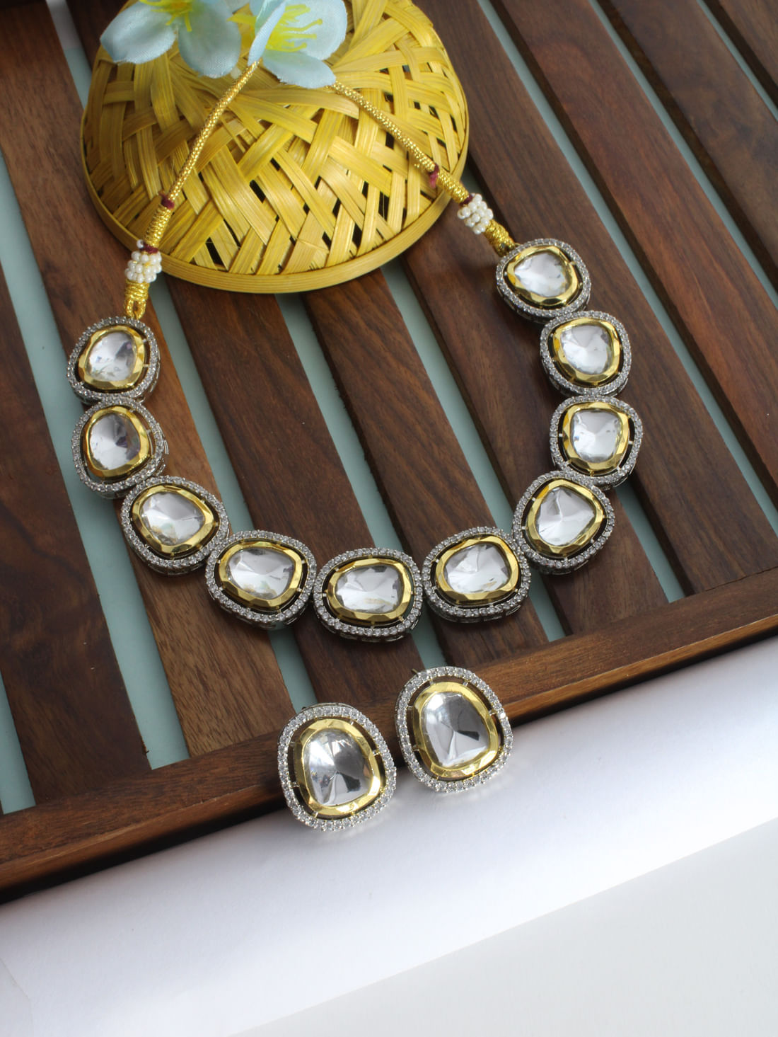 Silver Color Kundan Brass Necklace Set