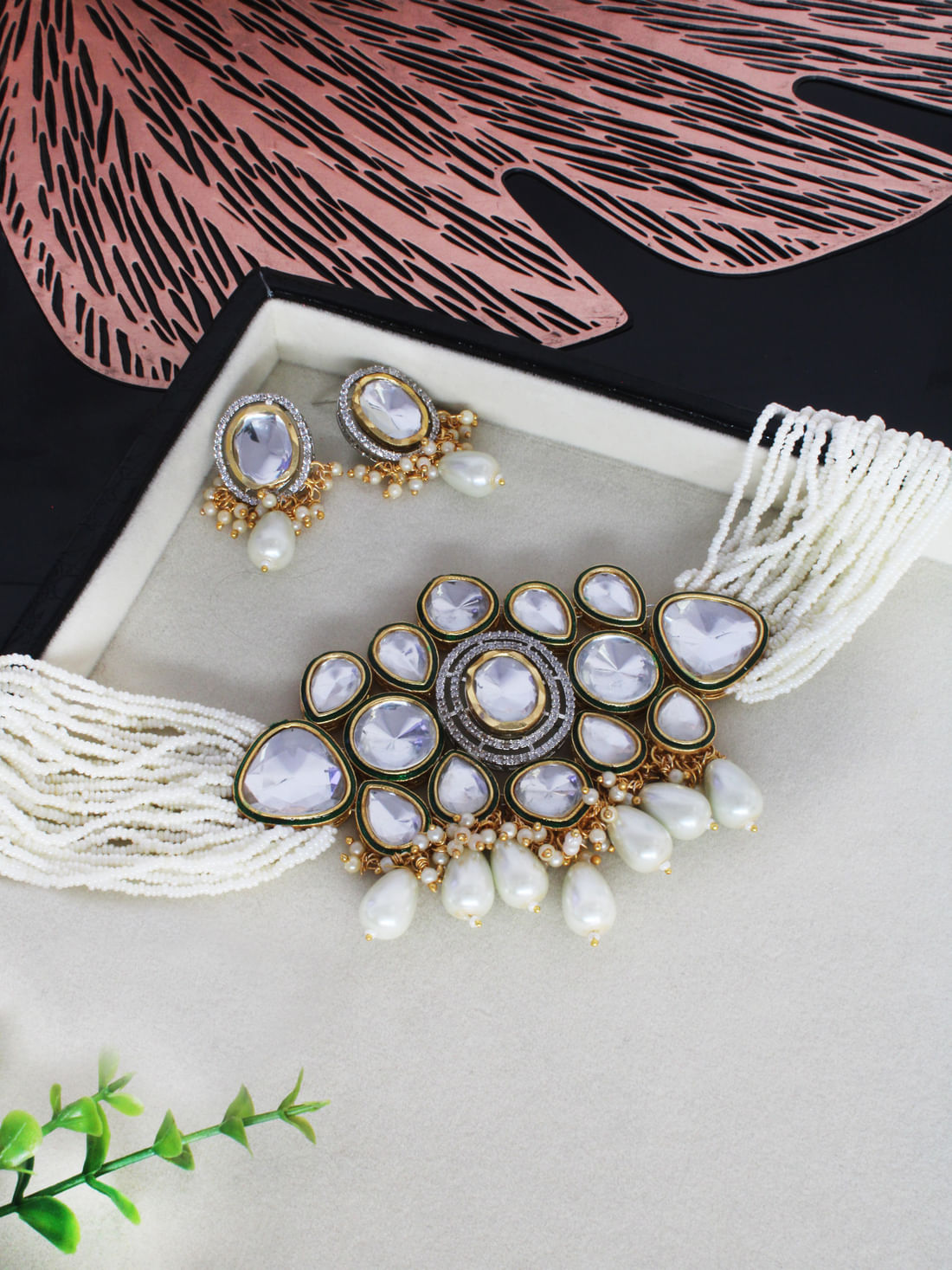 Silver Color Kundan Brass Choker Necklace Set