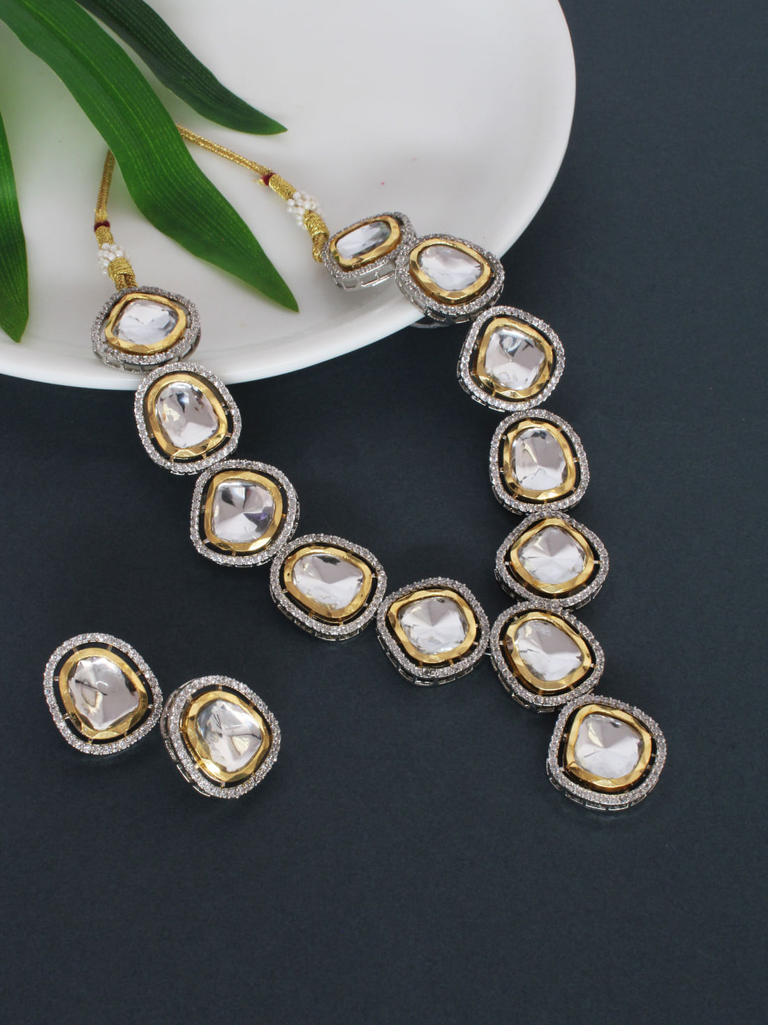 Silver Color Kundan Brass  Necklace Set