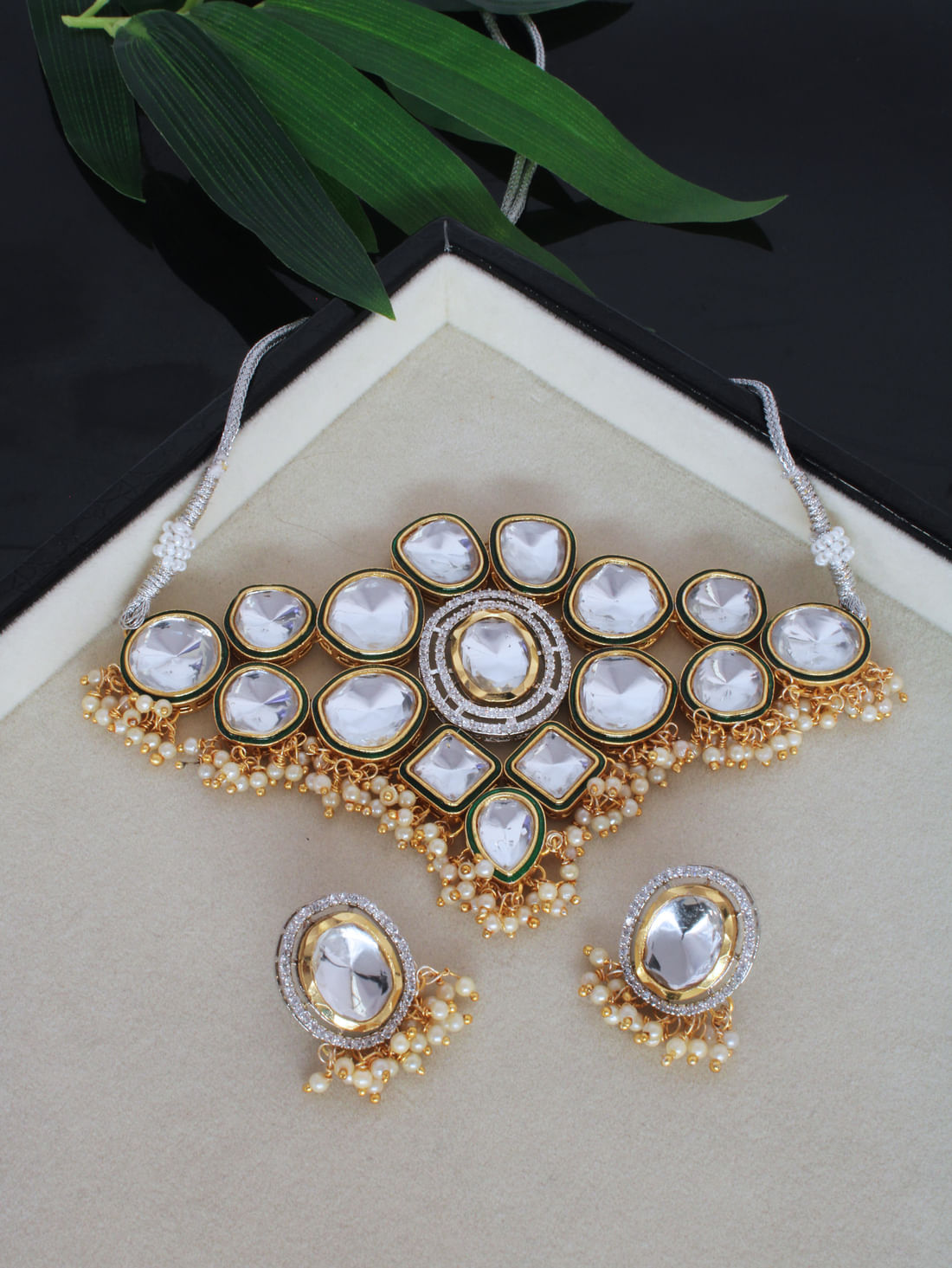 Silver Color Kundan Brass Choker Necklace Set