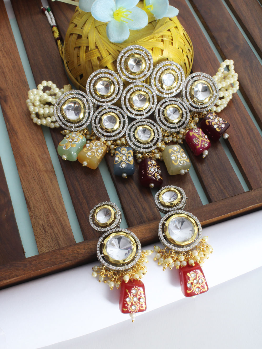 Multicolor Kundan Brass Choker Necklace Set