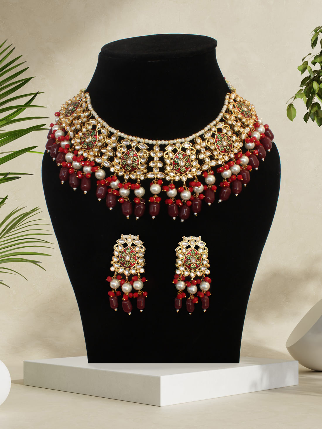Red  Color Kundan Necklace Set