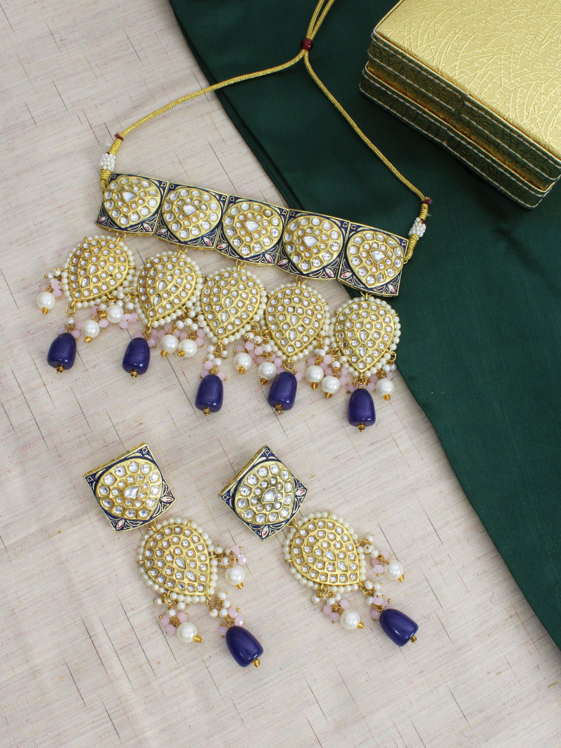 Blue  Color Kundan Choker Necklace Set