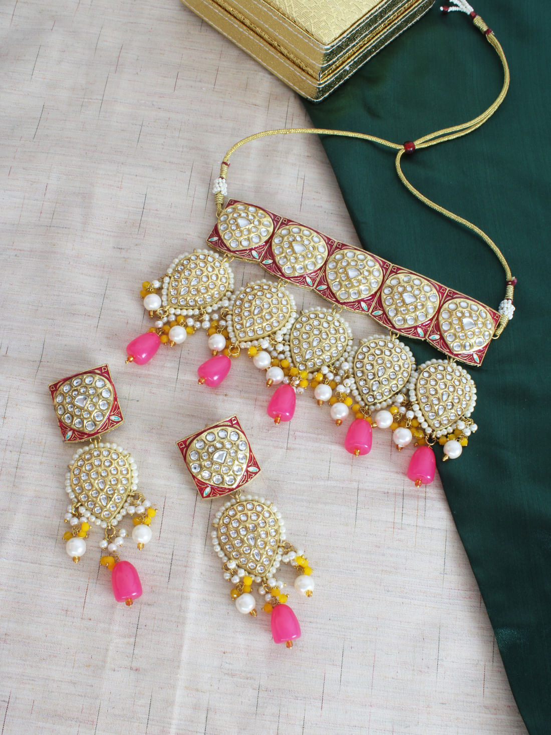 Pink  Color Kundan Choker Necklace Set