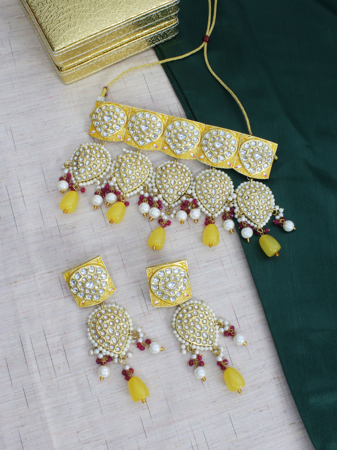 Yellow  Color Kundan Choker Necklace Set