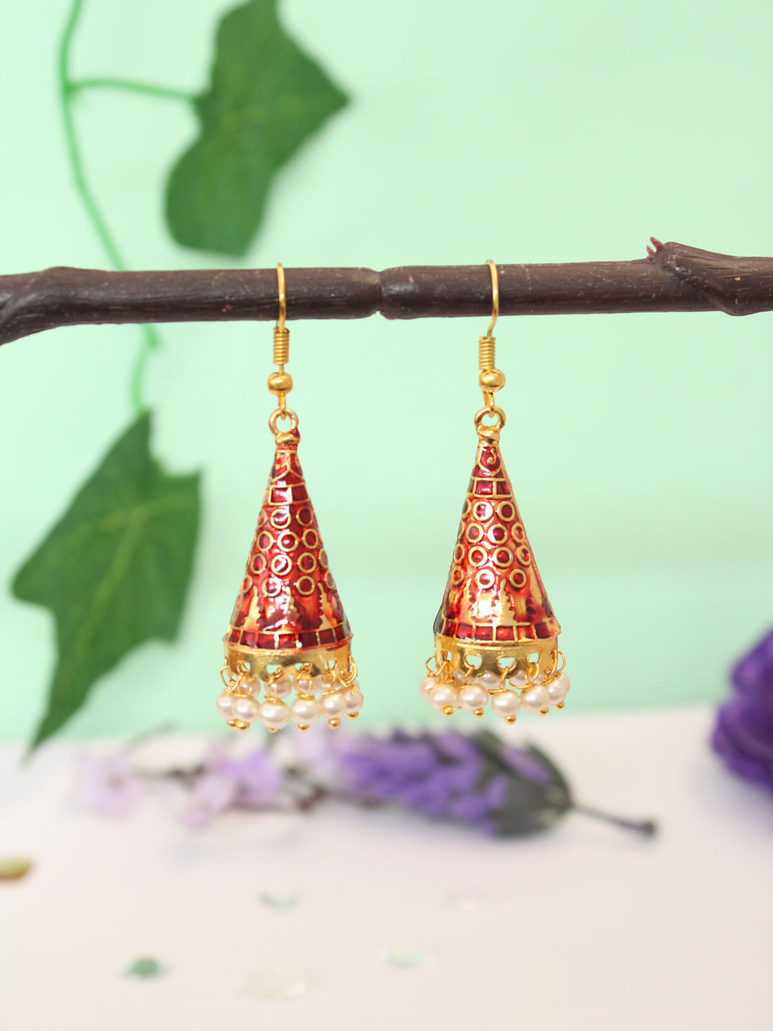 Red  Color Meenakari Jhumki Earrings