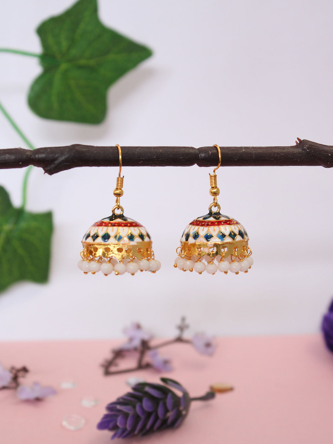White Color Meenakari Earrings