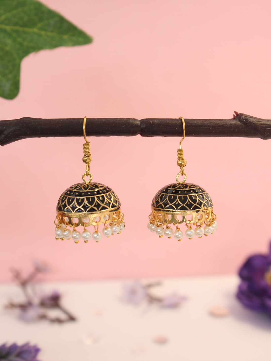 Black Color Meenakari Jhumka Earrings