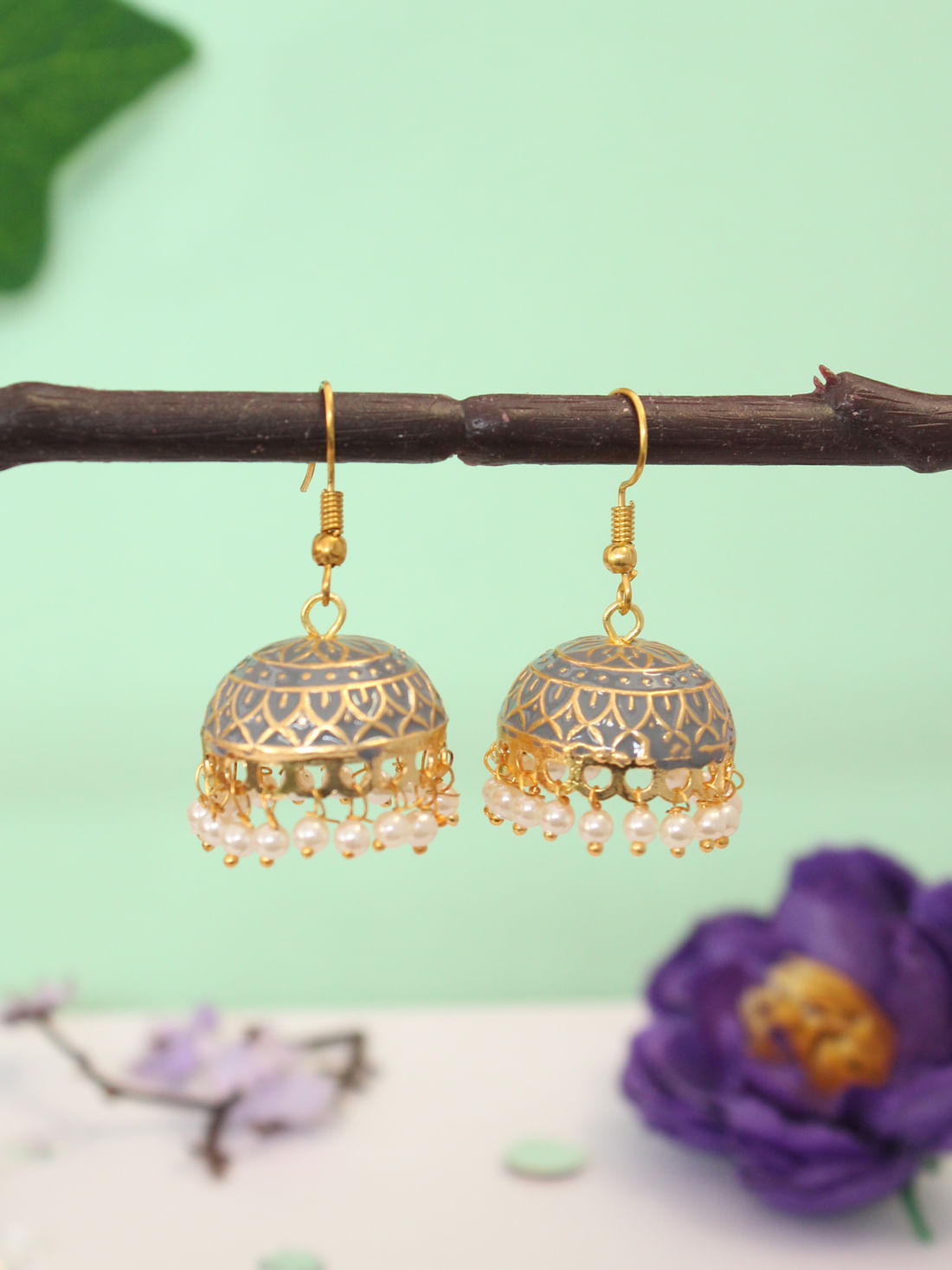 Grey Color Meenakari Earrings